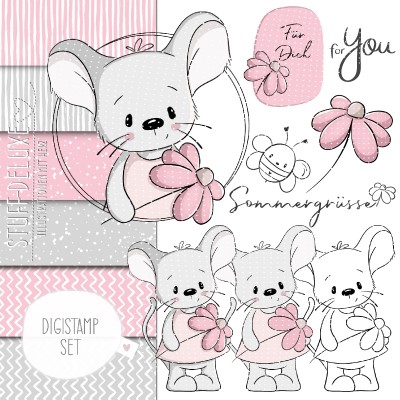 Digistamp + Digipaper Set Frühlingsmaus Fienchen mit Blume 